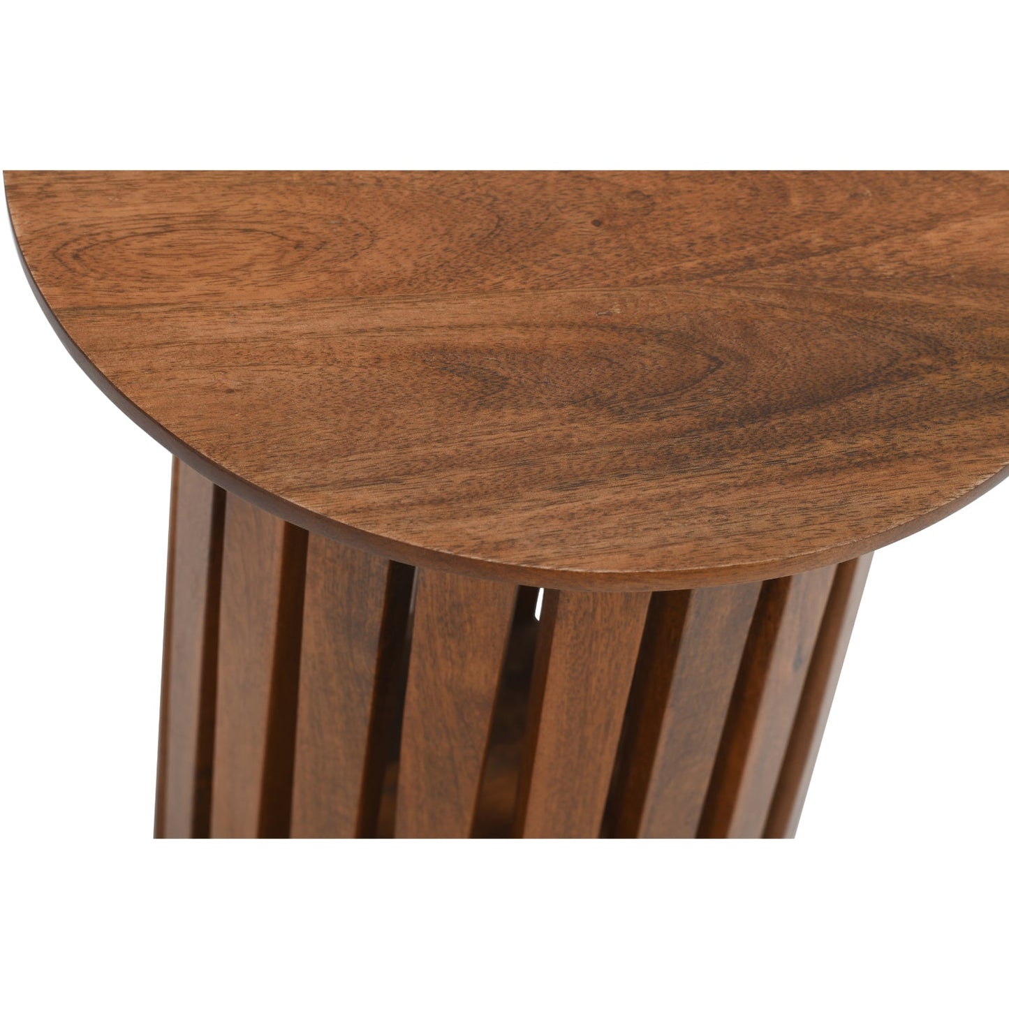 Wooden side table with a round top and slatted base on a white background