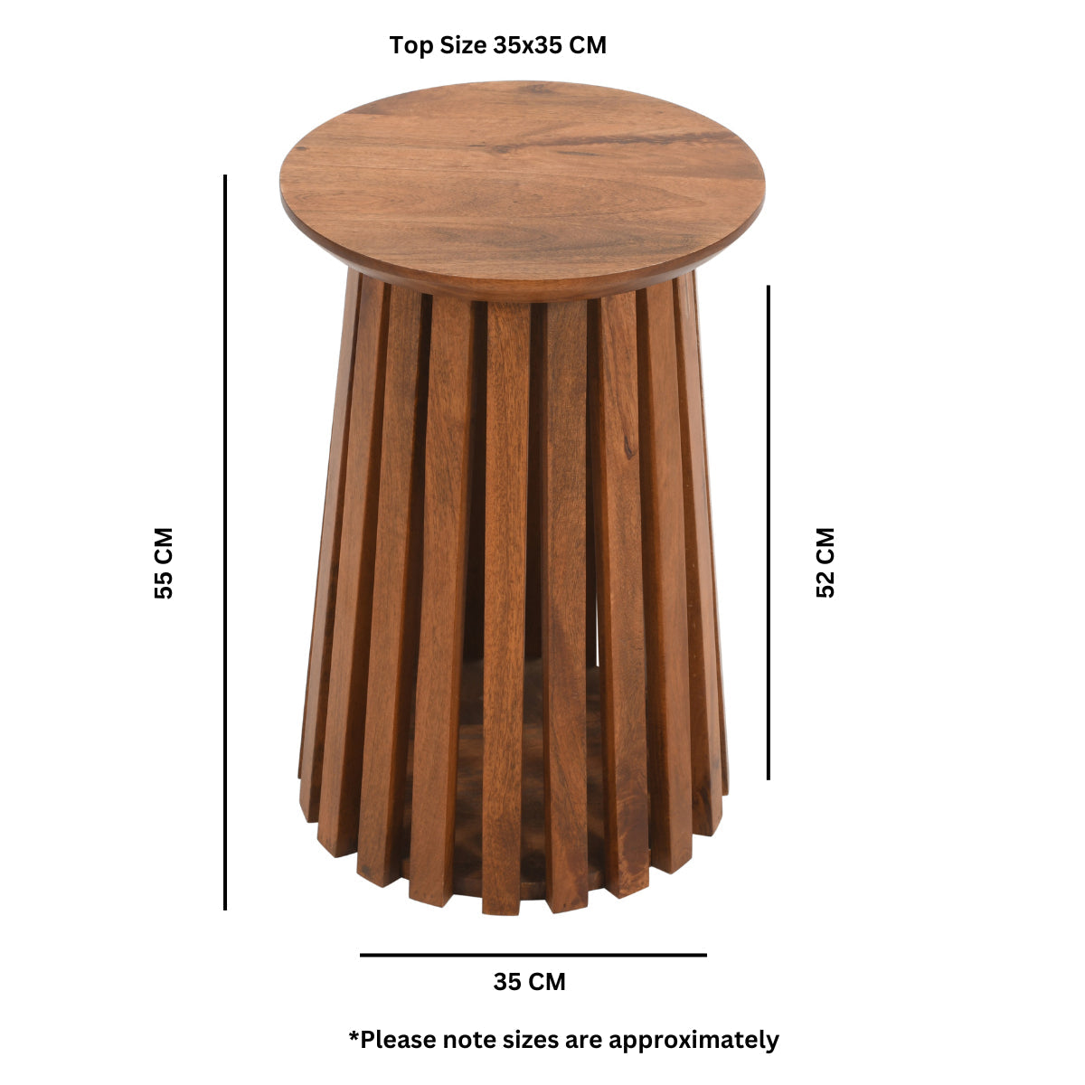 Wooden side table with dimensions on a white background