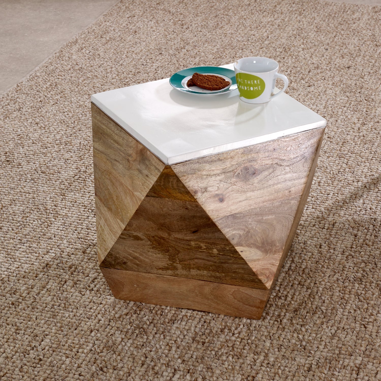 Bianco Solid Mango Wood White Side Table - Bascora