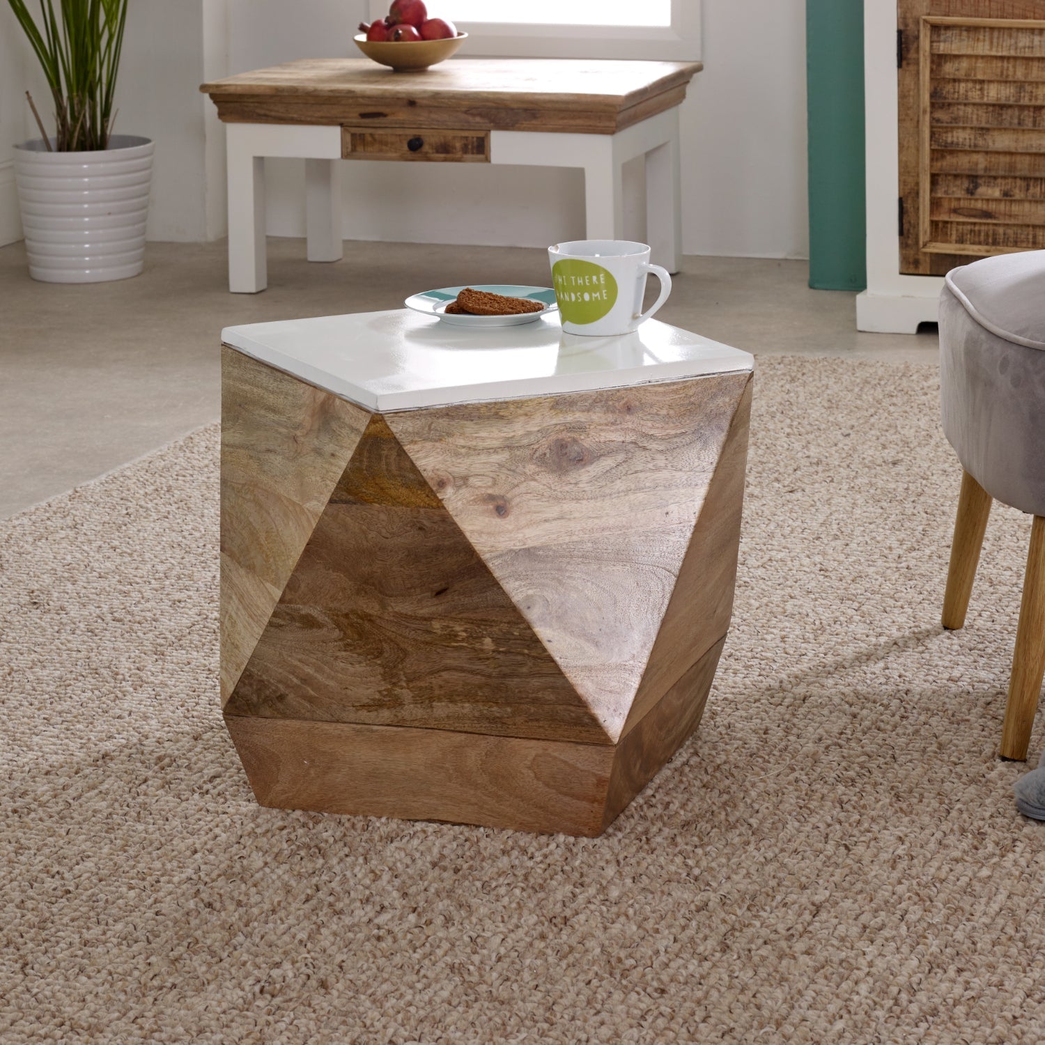 Bianco Solid Mango Wood White Side Table - Bascora