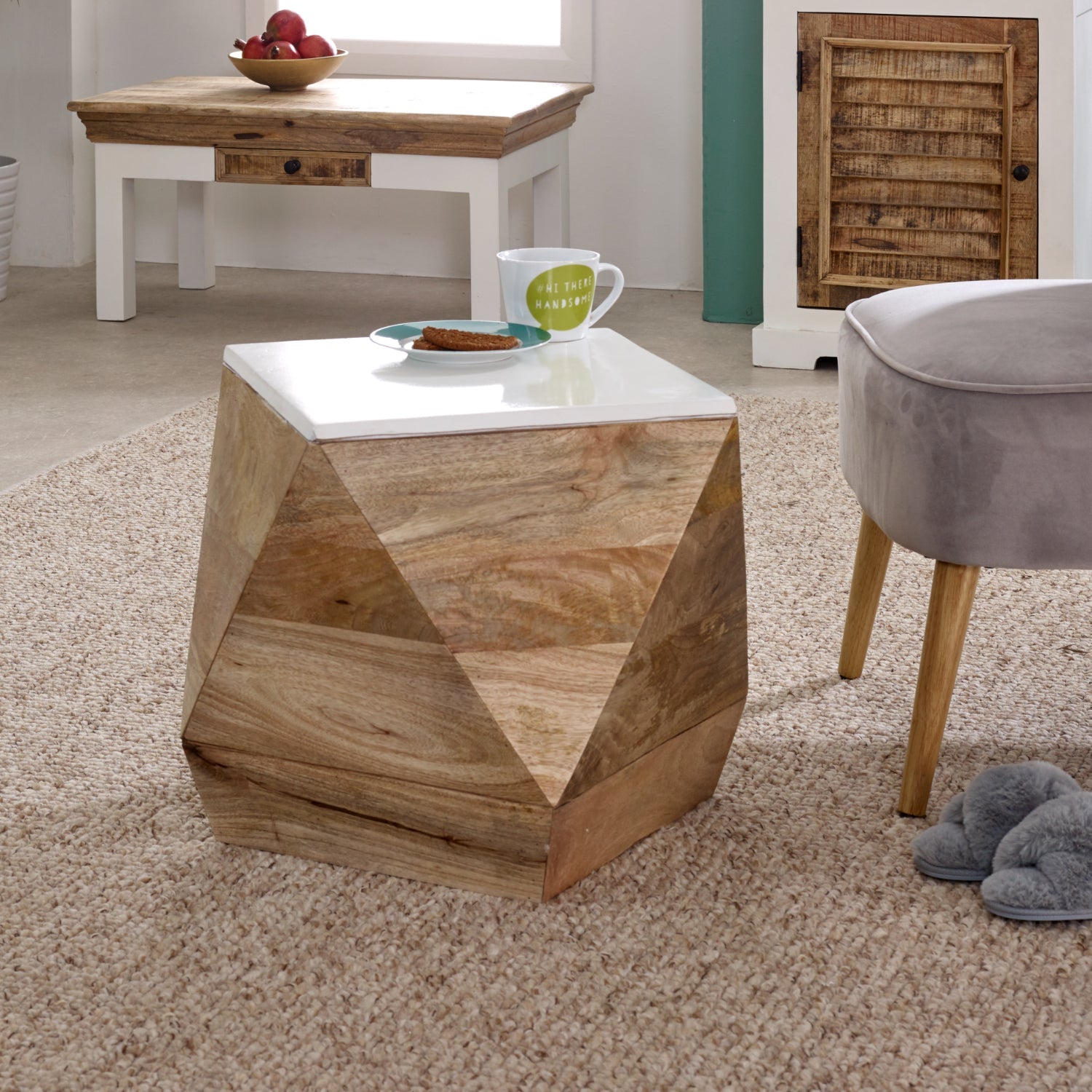 Bianco Solid Mango Wood White Side Table - Bascora