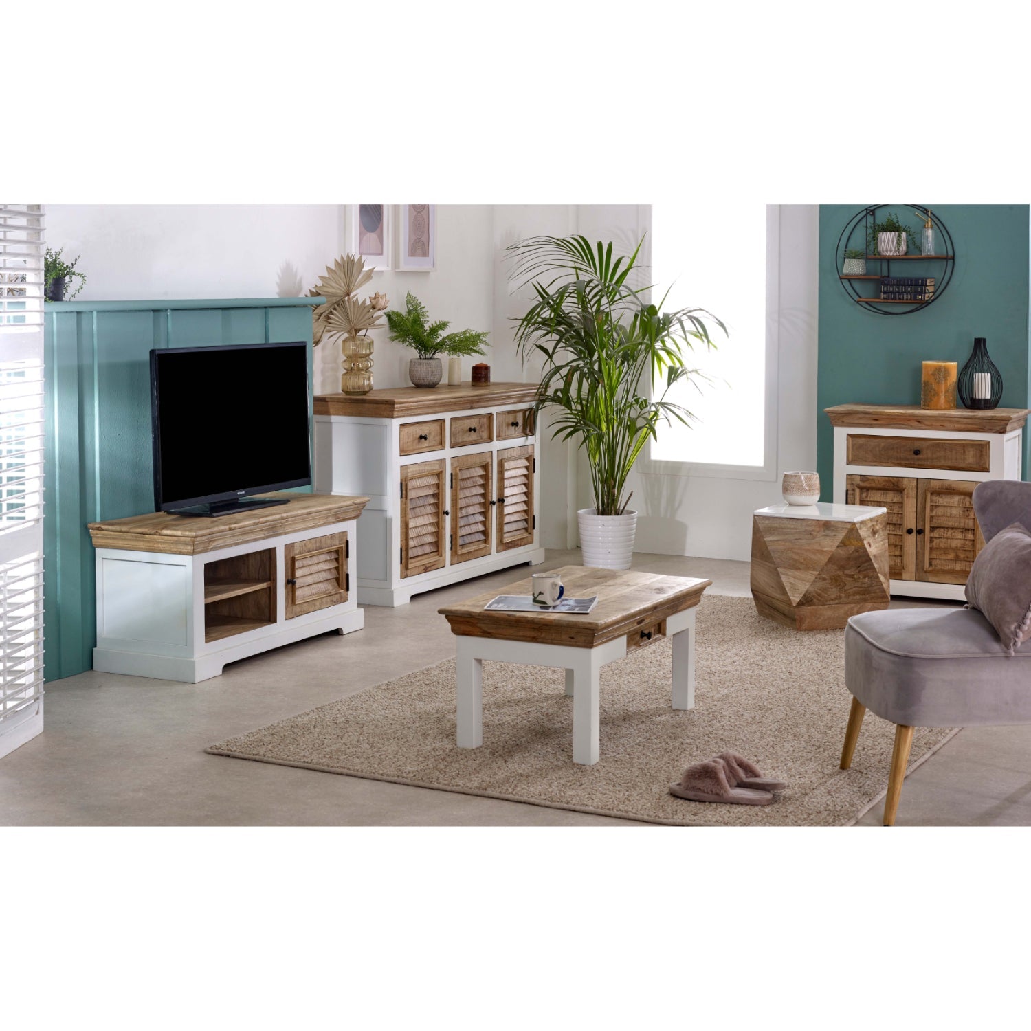 Bianco Solid Mango Wood White Side Table - Bascora