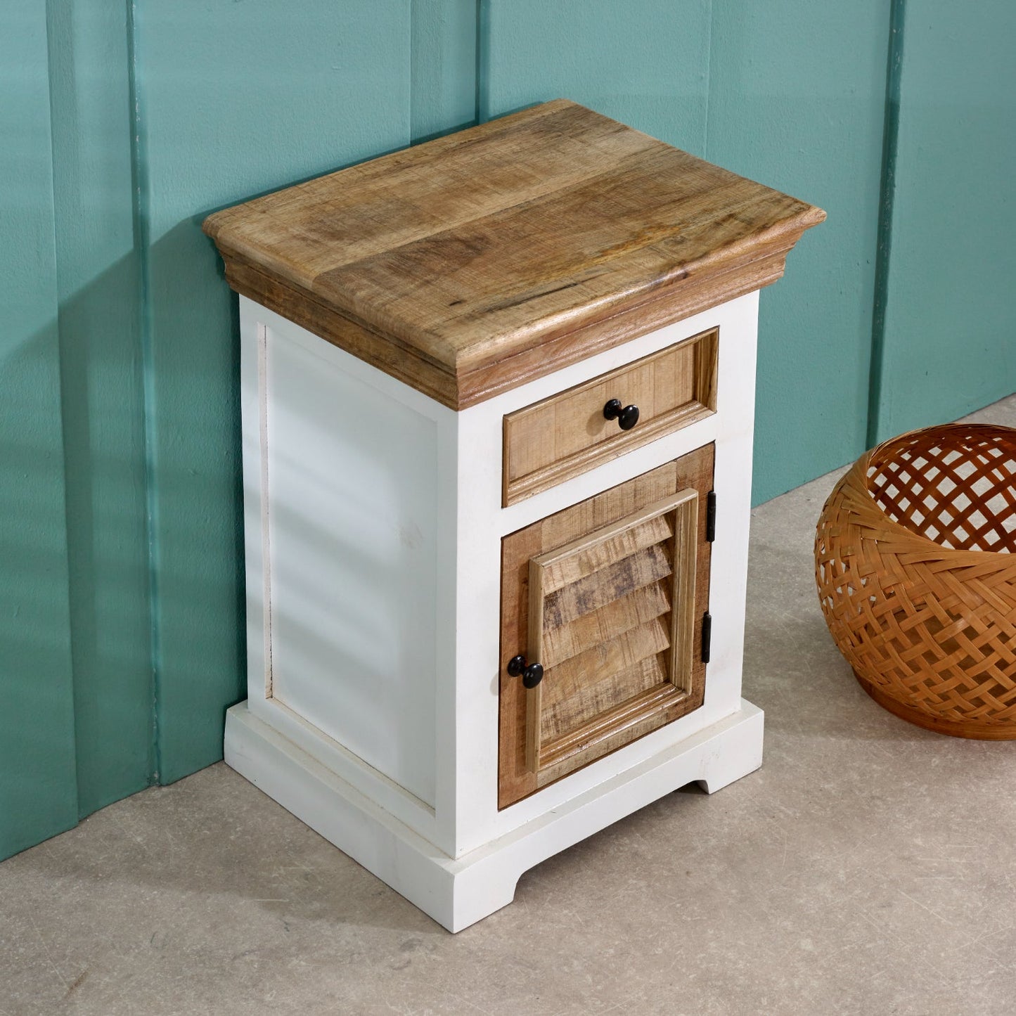 Bianco Solid Mango Wood White Bedside Cabinet with 1 Drawer & 1 Door