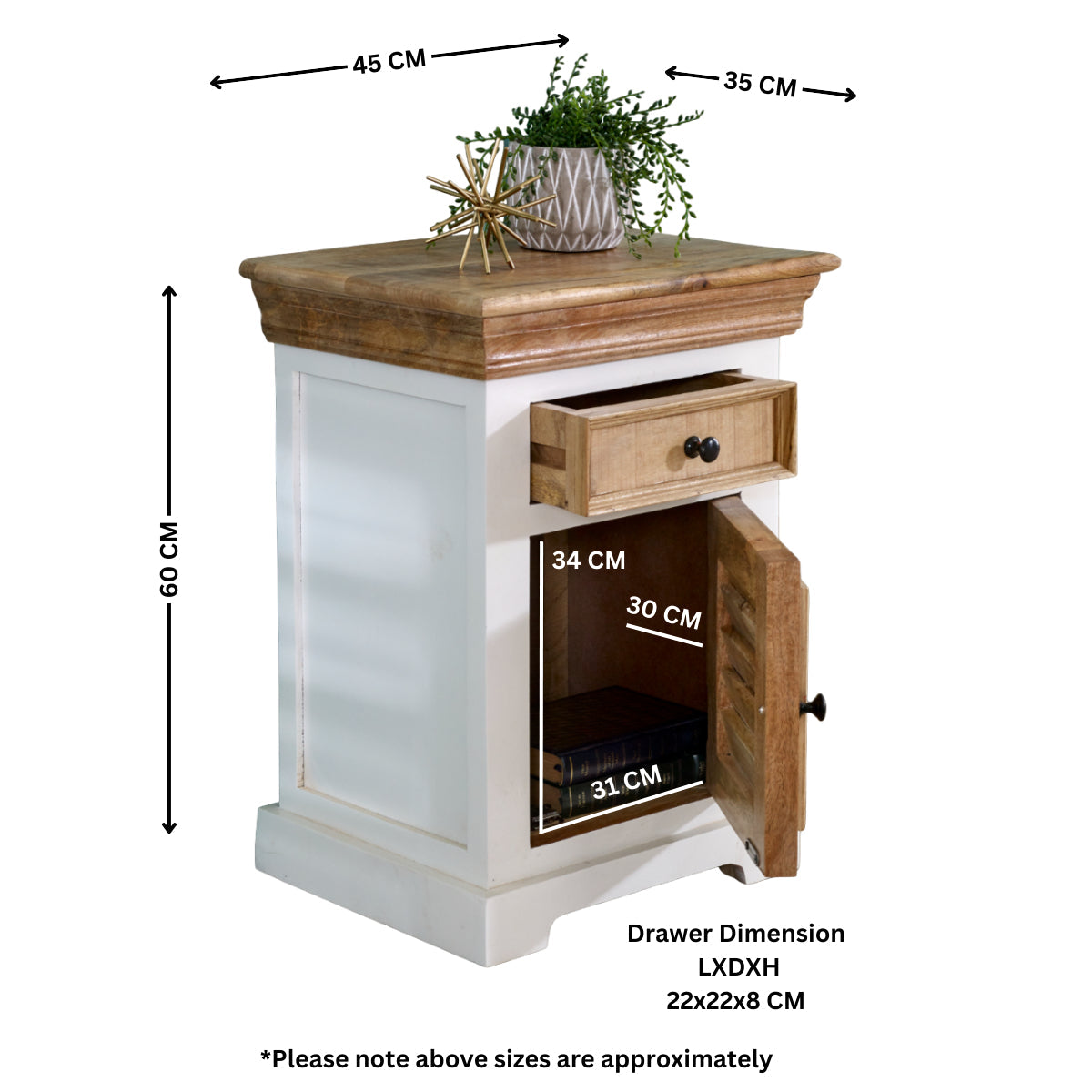 Bianco Solid Mango Wood White Bedside Cabinet with 1 Drawer & 1 Door