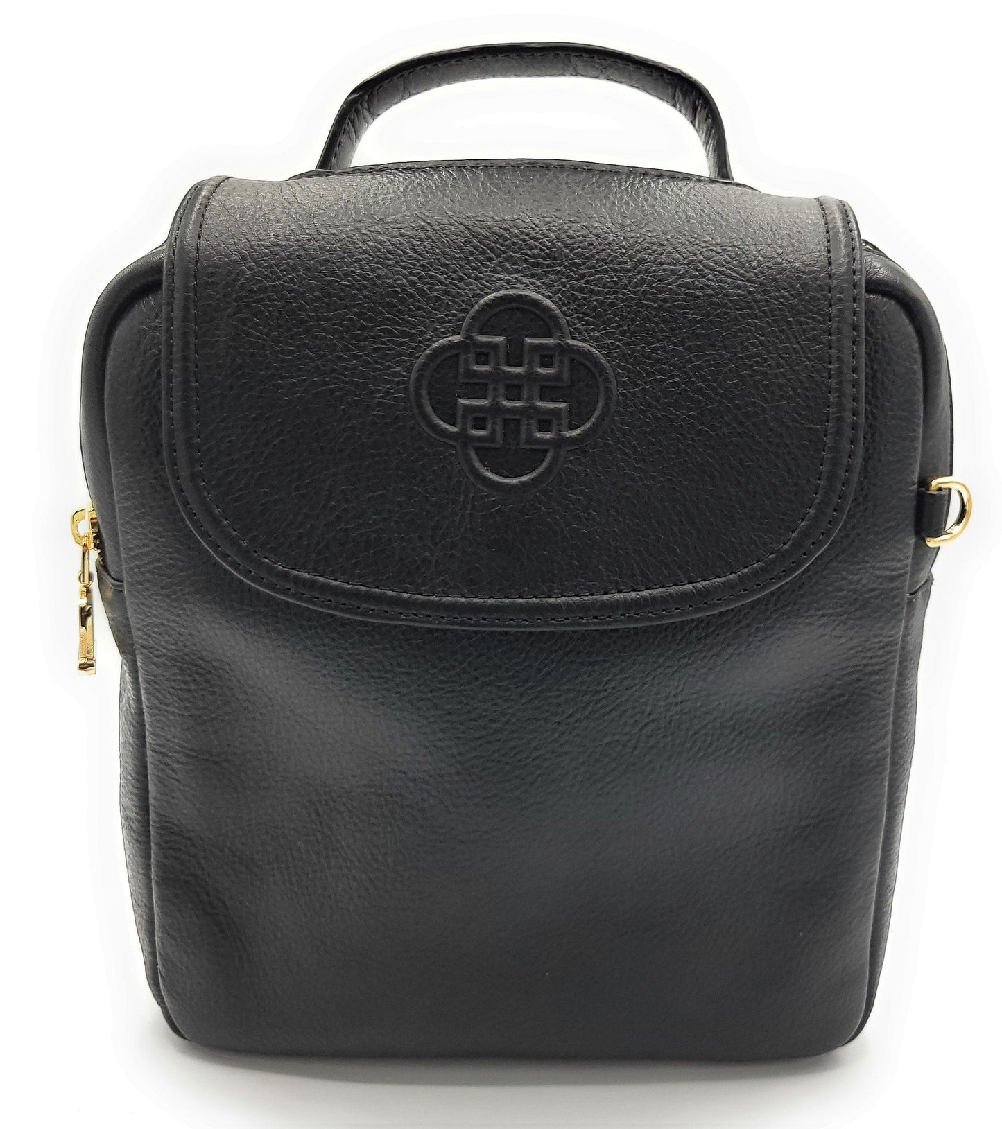 Black leather backpack with a brand logo on a white background