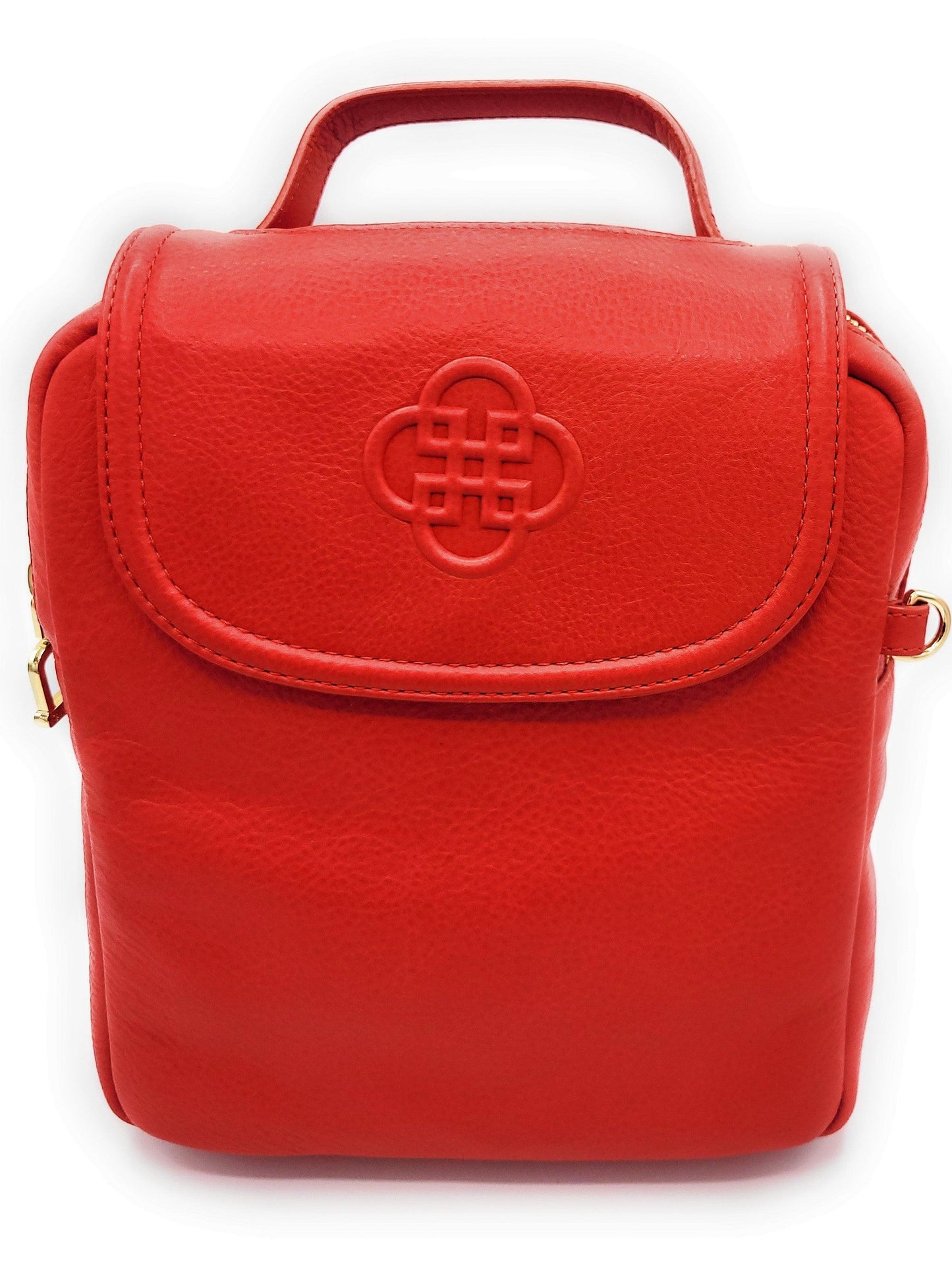 Red backpack with a brand logo on a white background