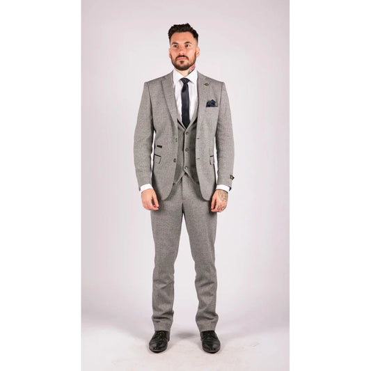 Men's Light Grey Herringbone Wool Tweed 3 Piece Suit
