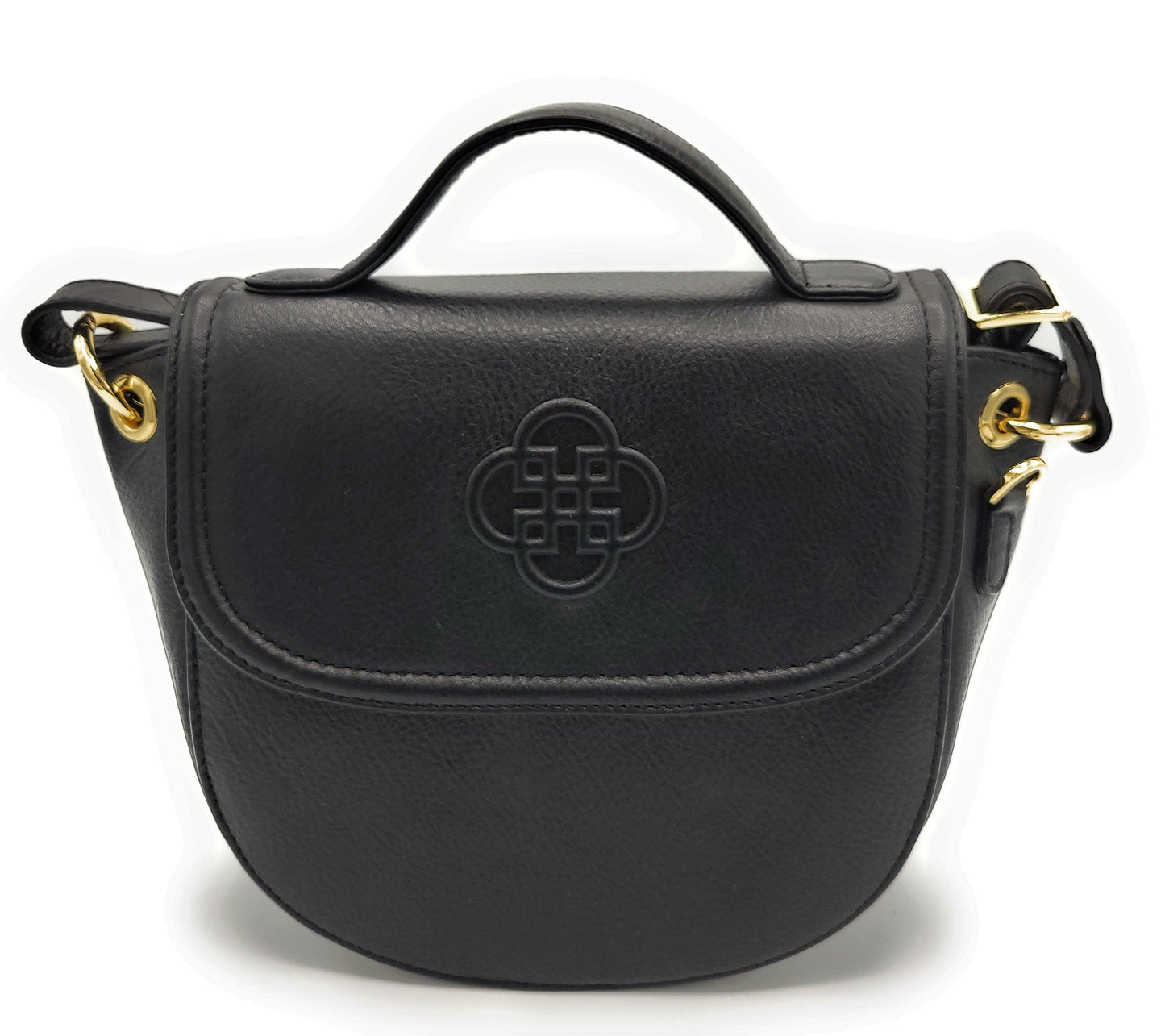 Black handbag with gold accents on a white background
