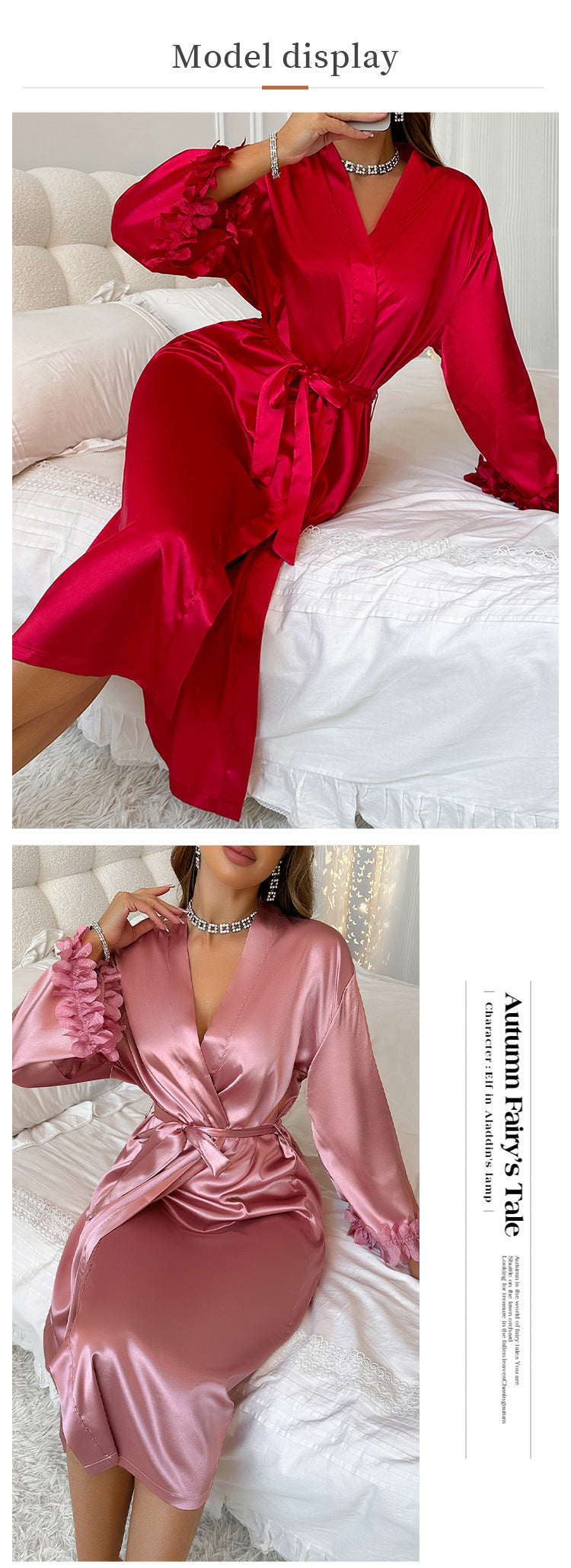 2-Piece Lace Kimono Robe Set - Silk Satin Nightgown
