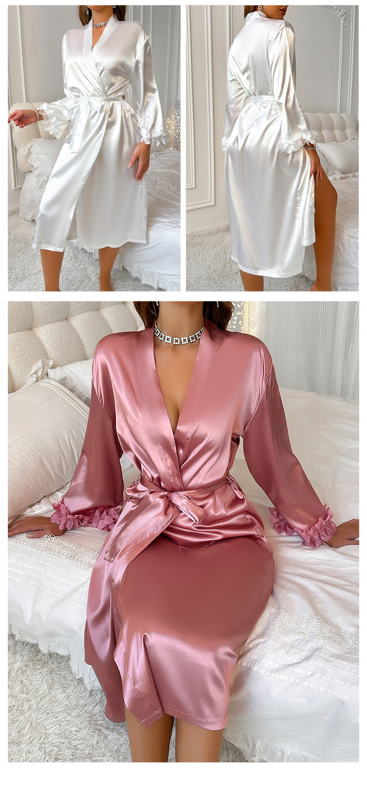 2-Piece Lace Kimono Robe Set - Silk Satin Nightgown