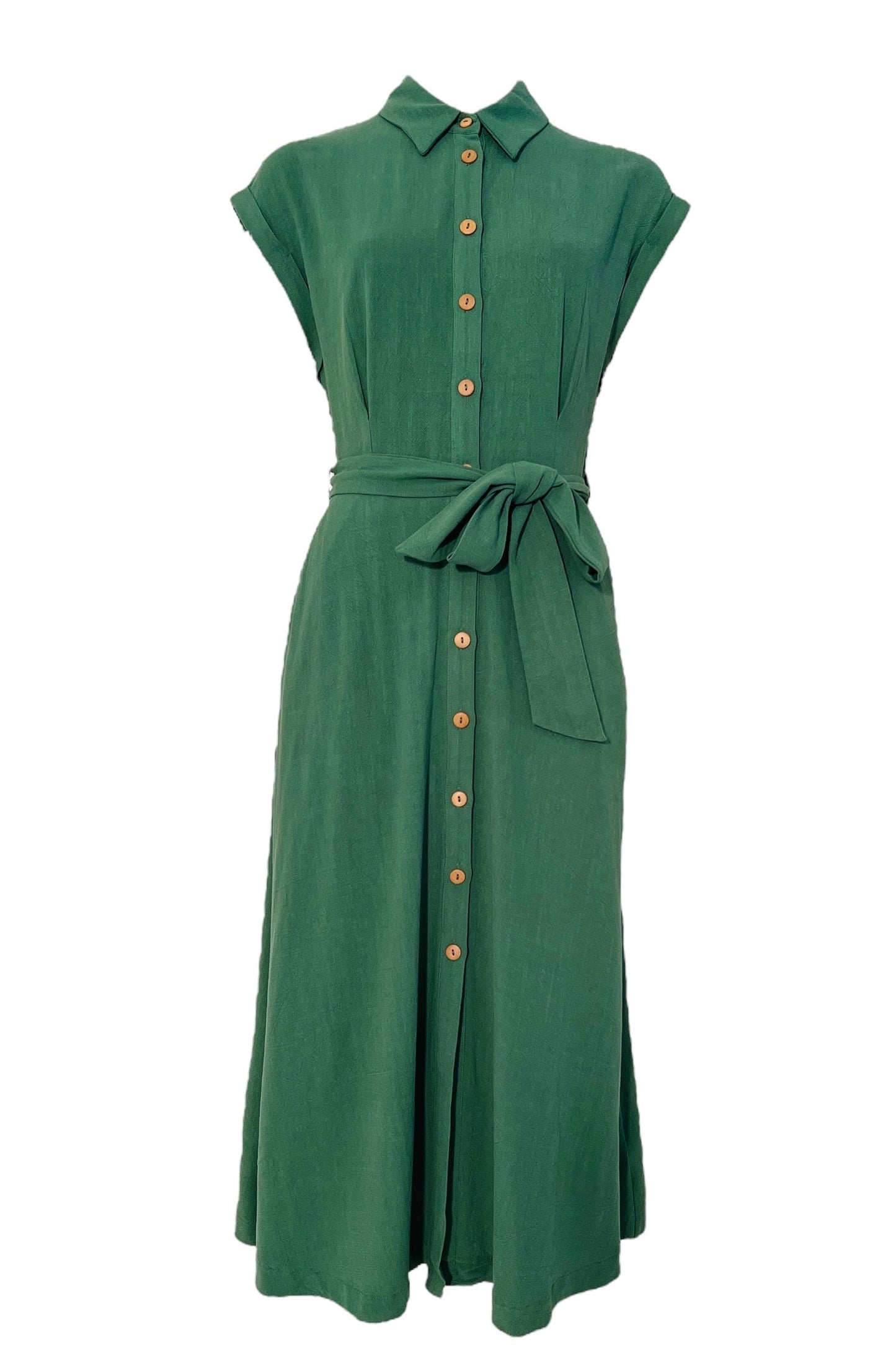 Green dress with button details on a white background
