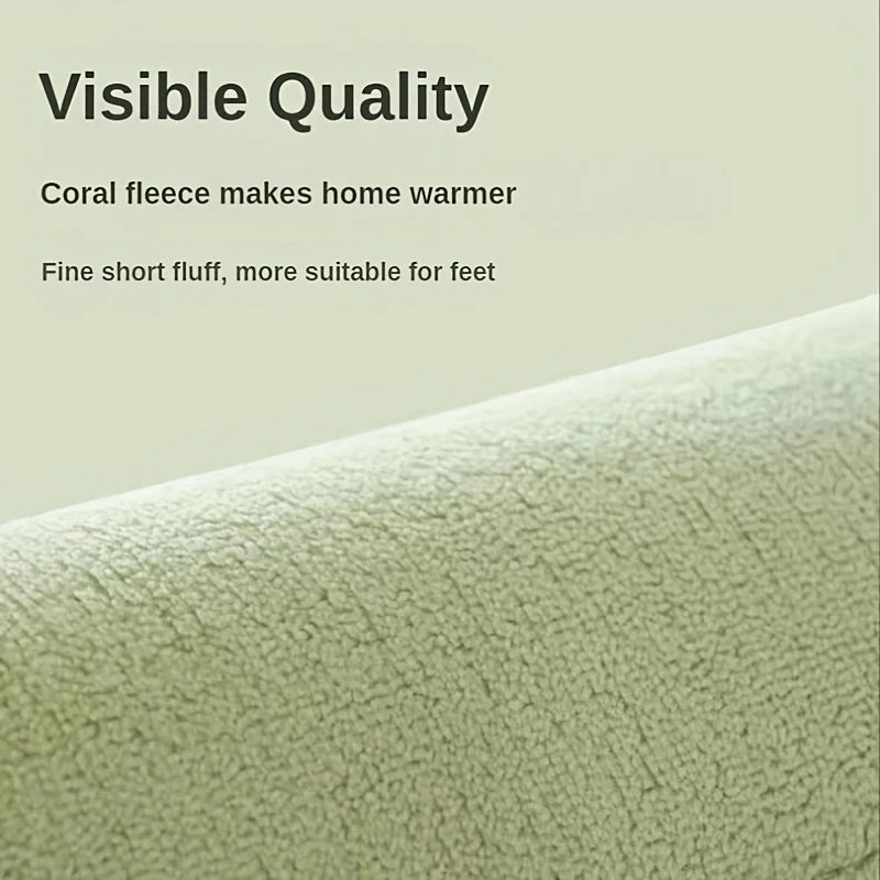 Close-up of green coral fleece fabric with text about its warmth and texture.