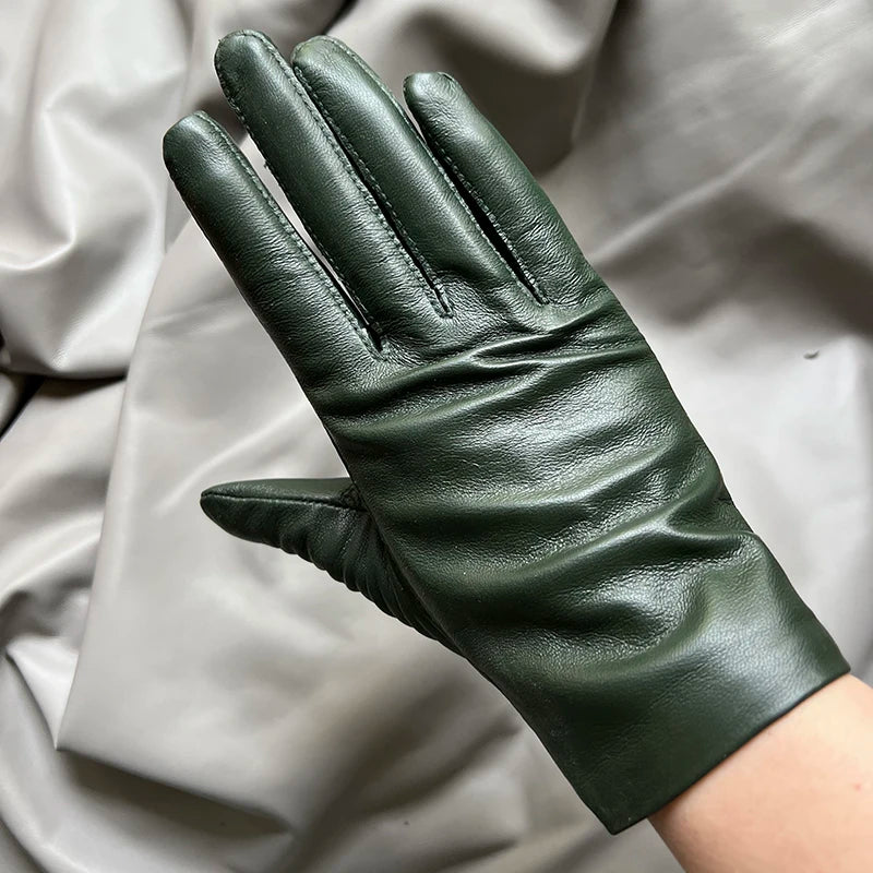 Guantes elegantes de piel de cordero con forro fino para mujer - Piel de oveja auténtica