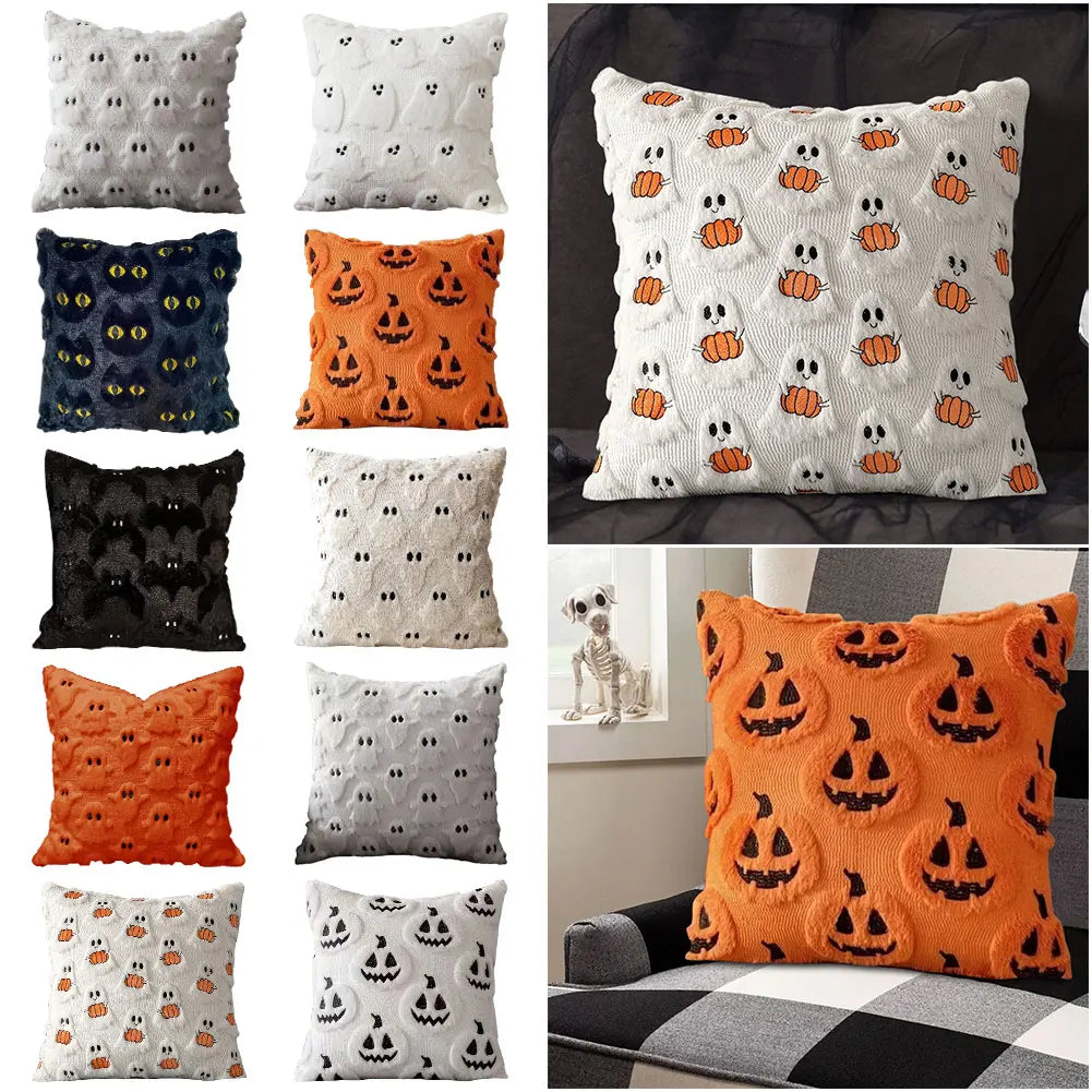 Halloween Ghost Pumpkin Pillowcase - Plush Faux Fur Pillow Cover