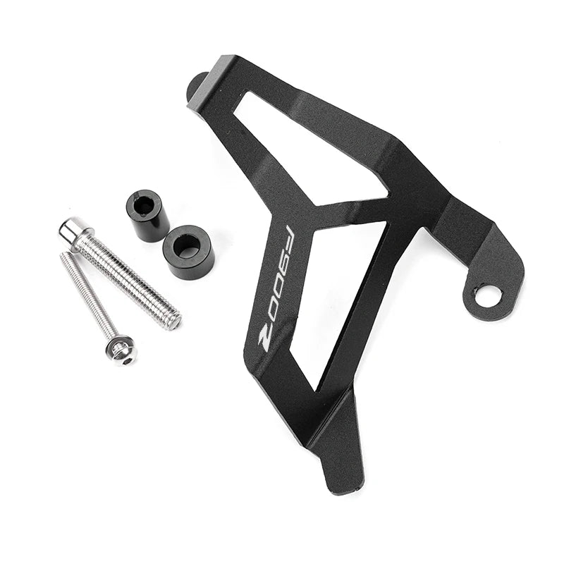 Black metal bracket with screws on a white background
