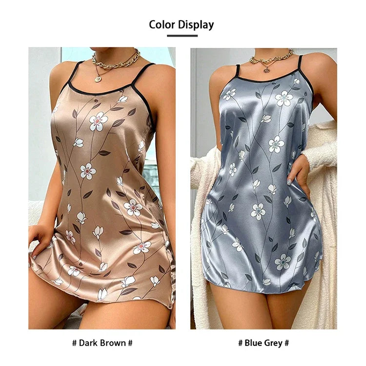 Floral Print Satin Nightgown - Backless Slip Night Dress
