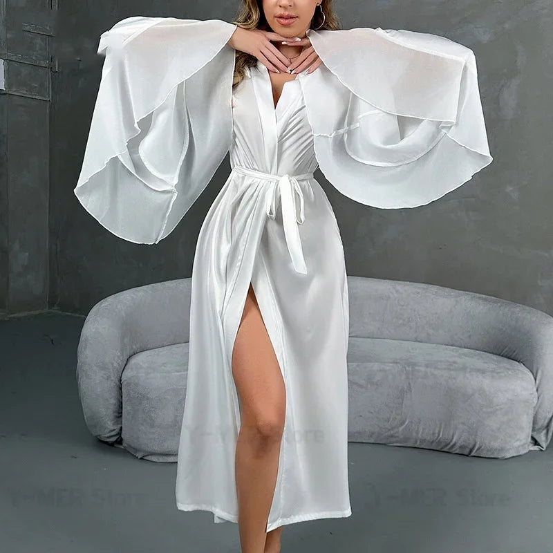 Lotus Leaf Sleeve Bridal Kimono Robe - Silk Satin Wedding Lingerie