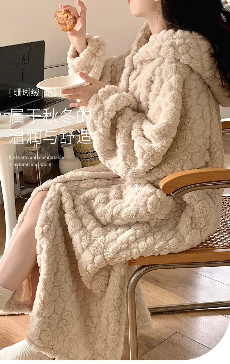 Winter Hooded Fleece Robe - Warm Pocket Nightgown
