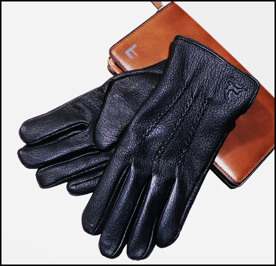 Guantes de piel auténtica de ciervo con textura - Unisex con forro de lana