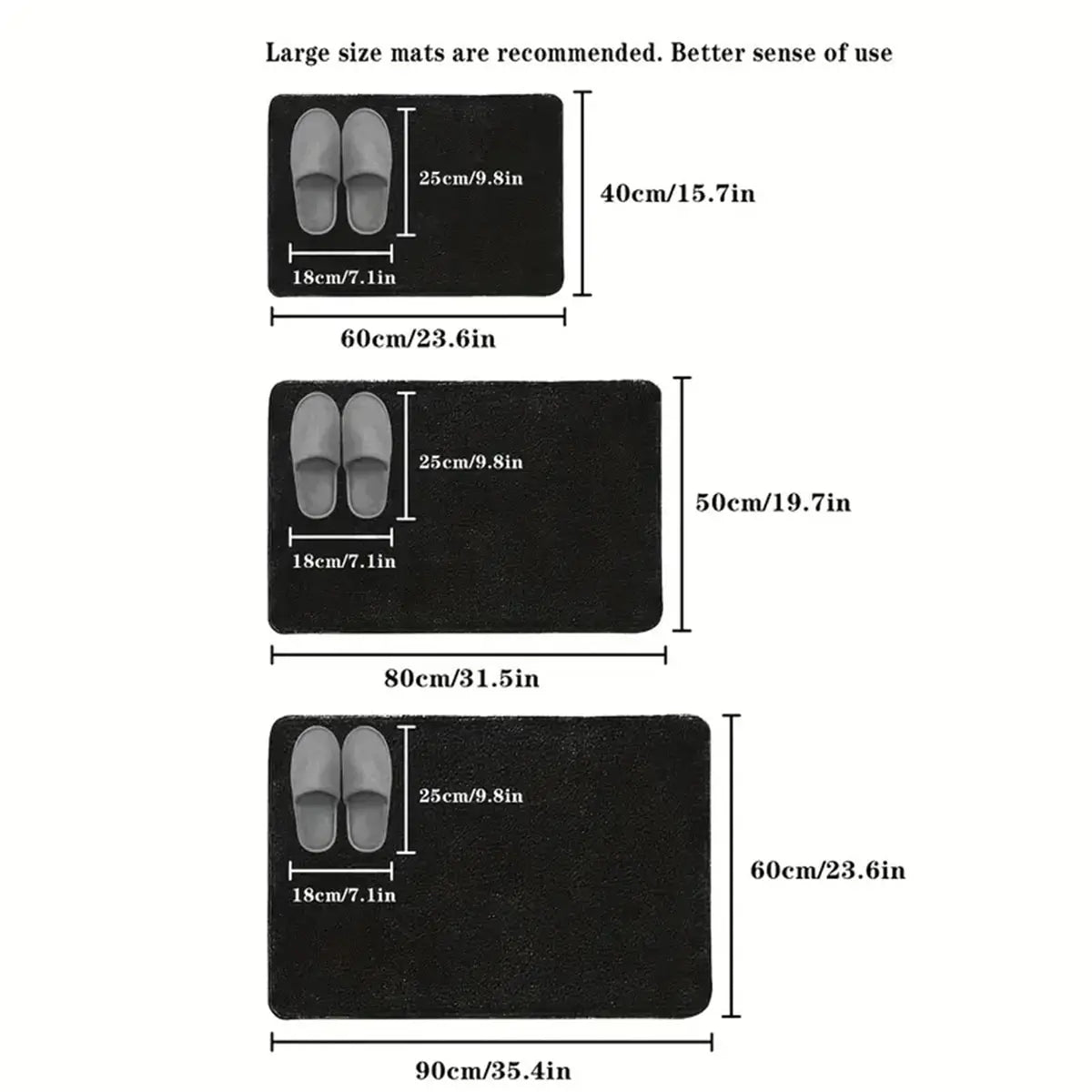 Black slippers with measurements on a white background