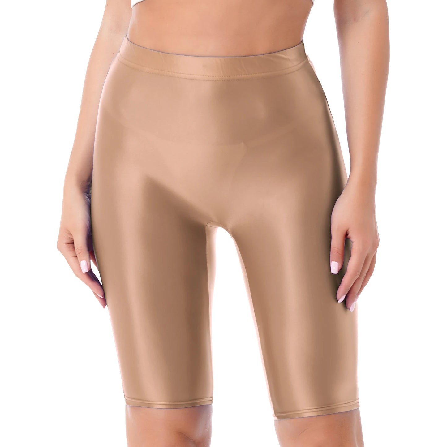 Women's High Waist Swim Shorts - Glossy Athletic Leggings Swimwear