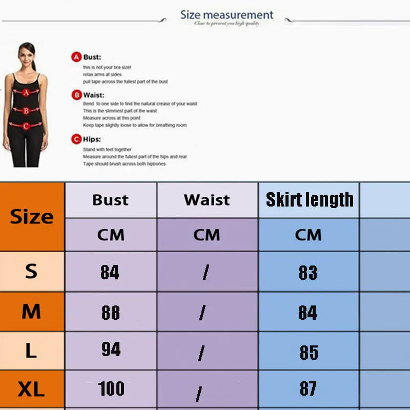 Size measurement chart for clothing with a woman illustration and measurements.