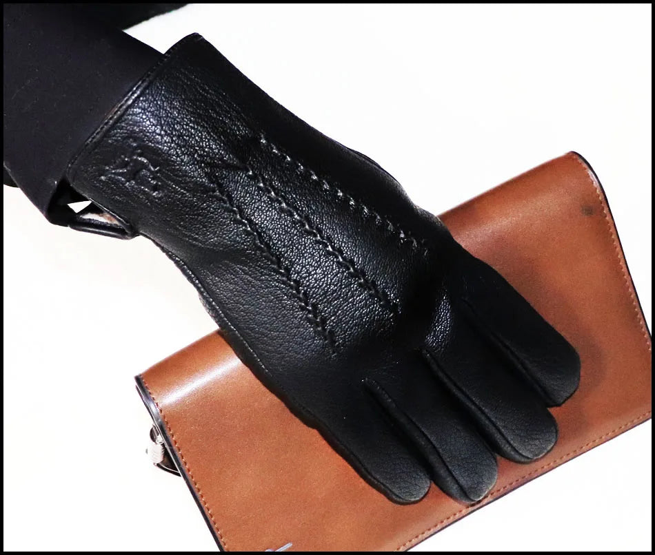 Guantes de piel auténtica de ciervo con textura - Unisex con forro de lana