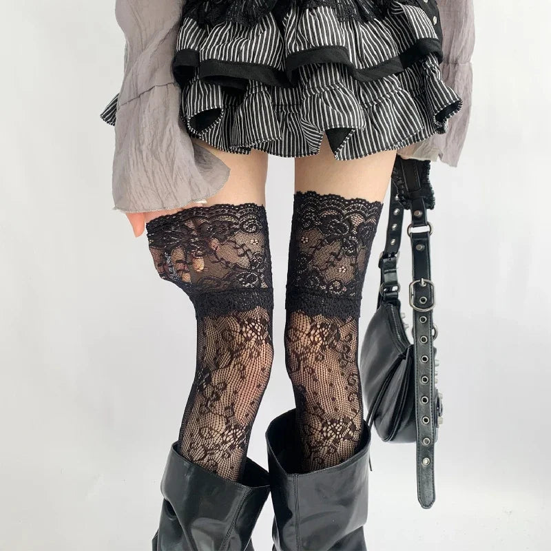 Women's Flower Lace Fishnet Thigh High Stockings - Sweet Frilly Trim
