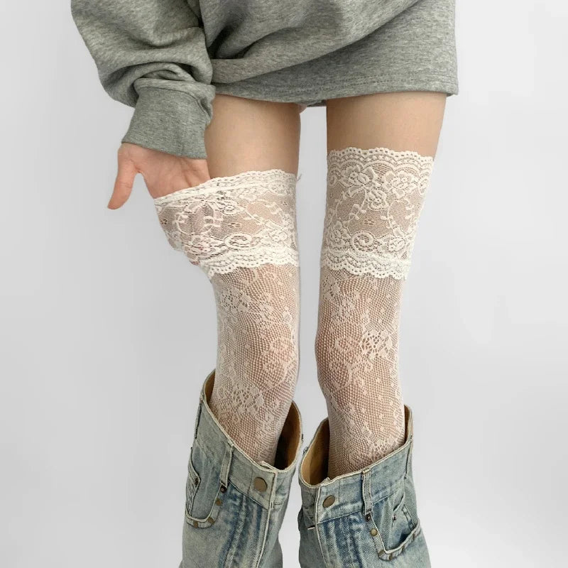 Women's Flower Lace Fishnet Thigh High Stockings - Sweet Frilly Trim