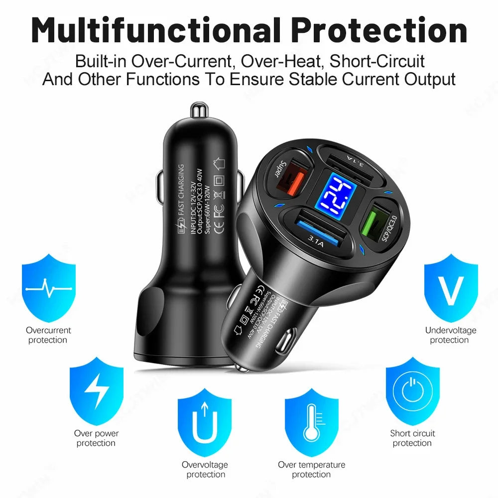 Chargeur de voiture à charge rapide - 4 ports USB, 3,1 A, affichage LED