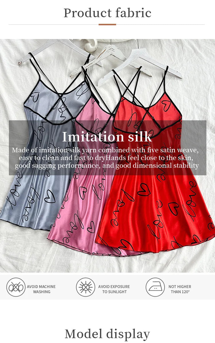 Heart Print Satin Nightdress - Criss Cross Back Sleep Dress