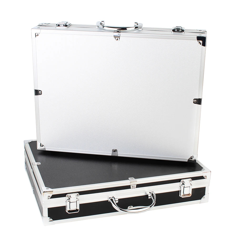 Silver briefcase with black interior on a white background