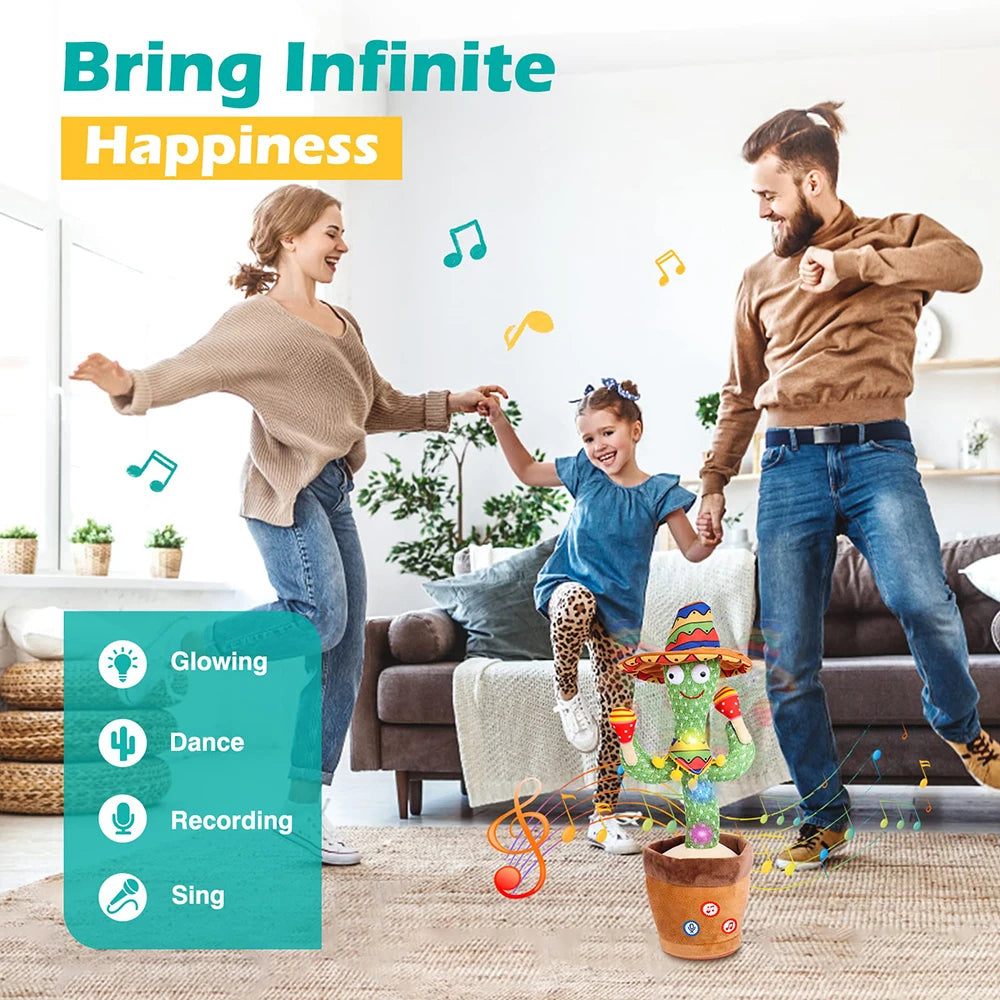 Family dancing together in a living room with text 'Bring Infinite Happiness' and product features.