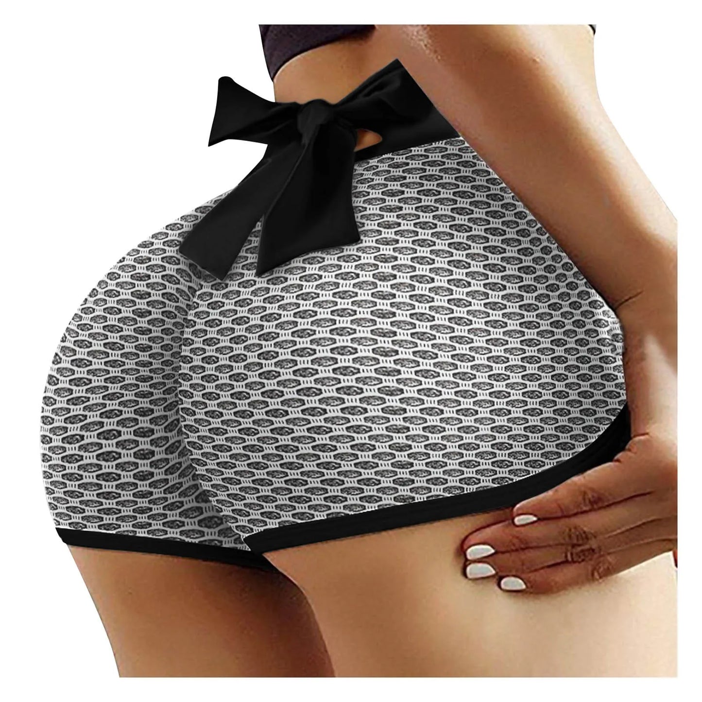 Checkered High Waist Yoga Shorts - Honeycomb Fitness Shorts with Bow