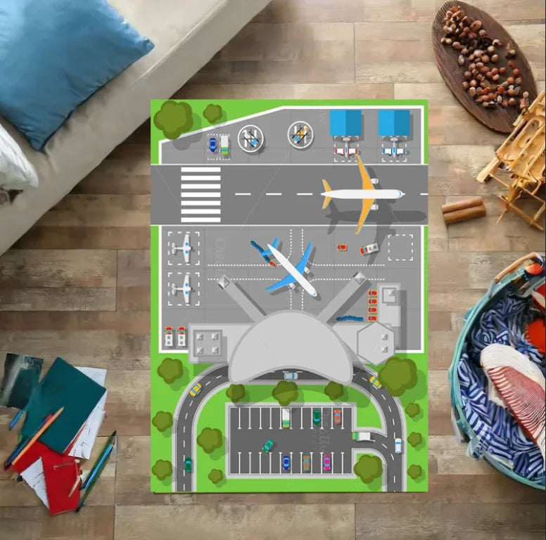 Airport Landing Strips Kids Play Rug - 3D Aircraft Carpet