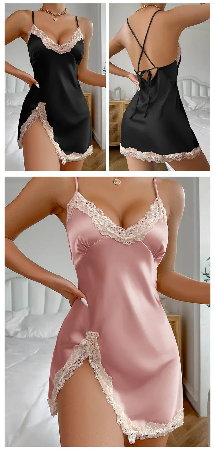 Lace Trim Leopard Nightdress - V-Neck Backless Slip Dress