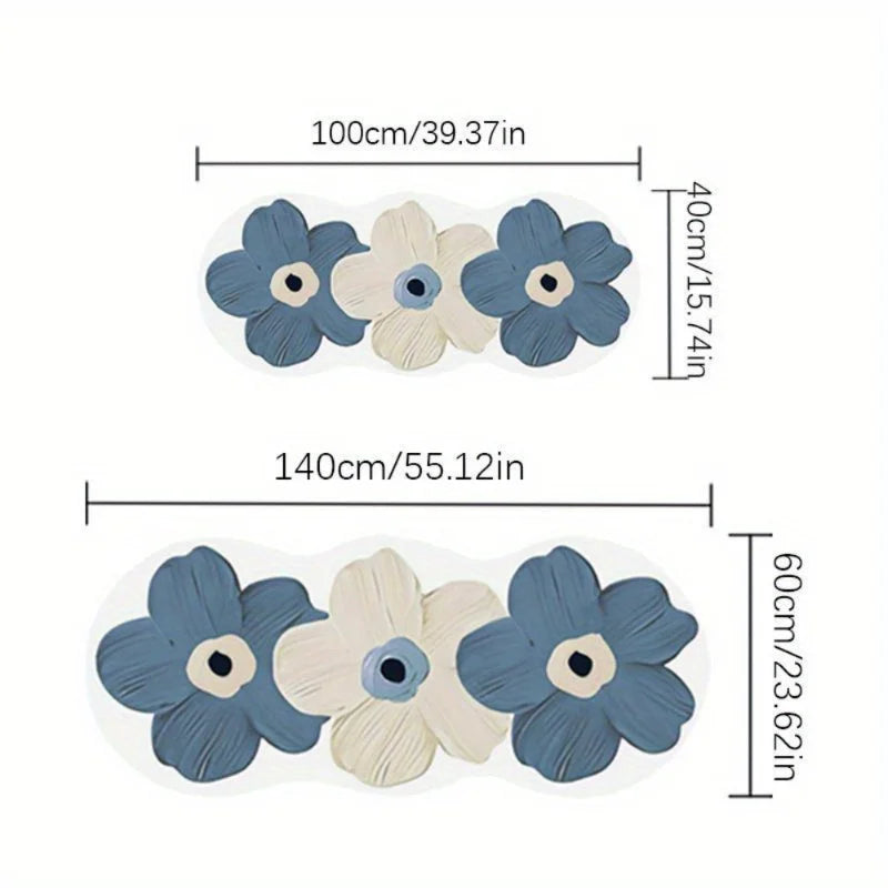 Nordic Style Floral Area Mat - Blue and Beige Bedroom Rug