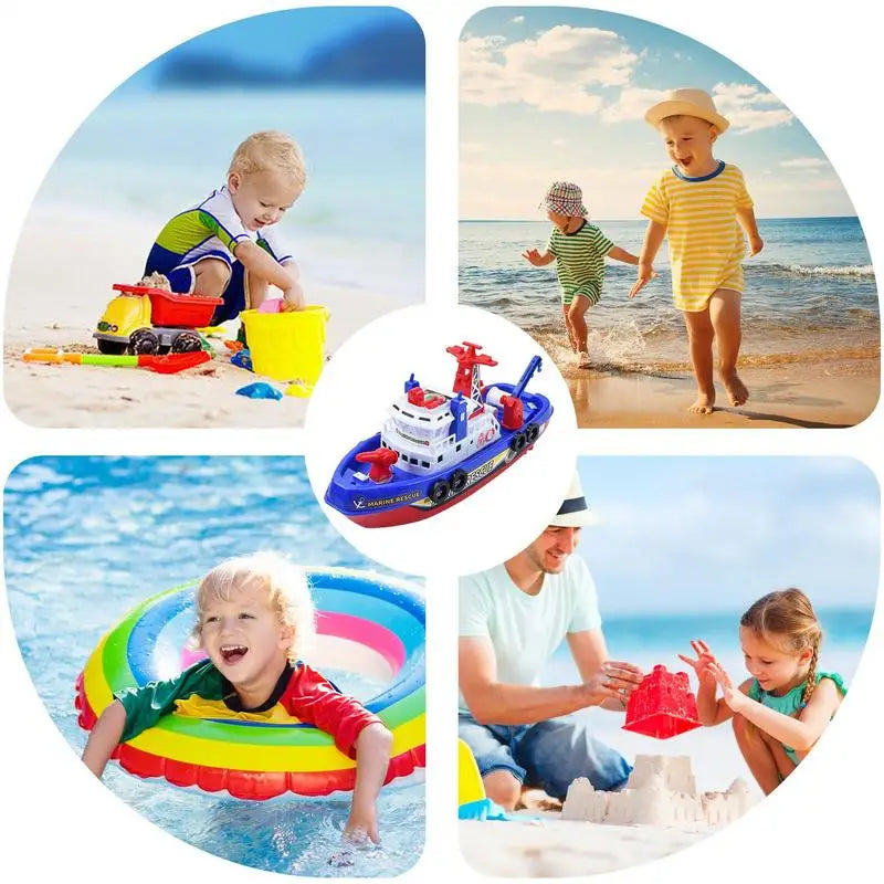 Collage of children playing at the beach with toys and inflatable rings.