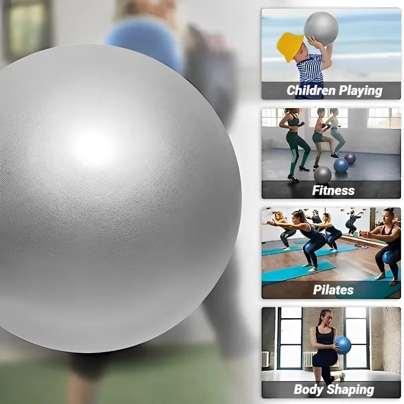 Silver exercise ball with images of people using it for different activities like playing, fitness, pilates, and body shaping.