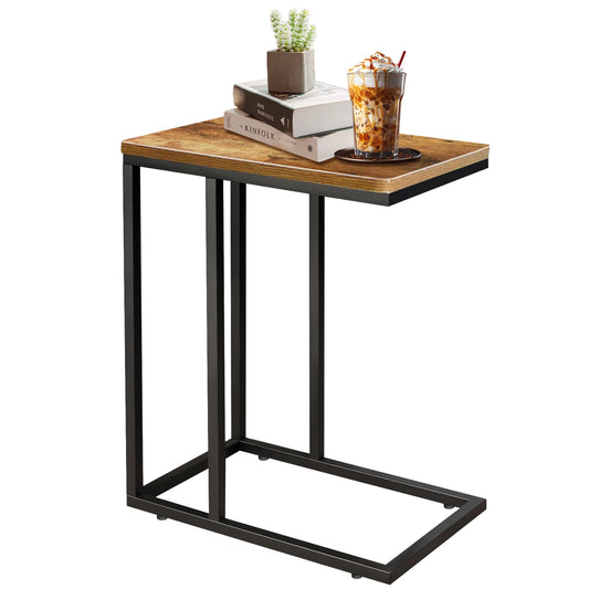 Mesa auxiliar en forma de C - Mesa auxiliar para sofá con estructura de madera y metal