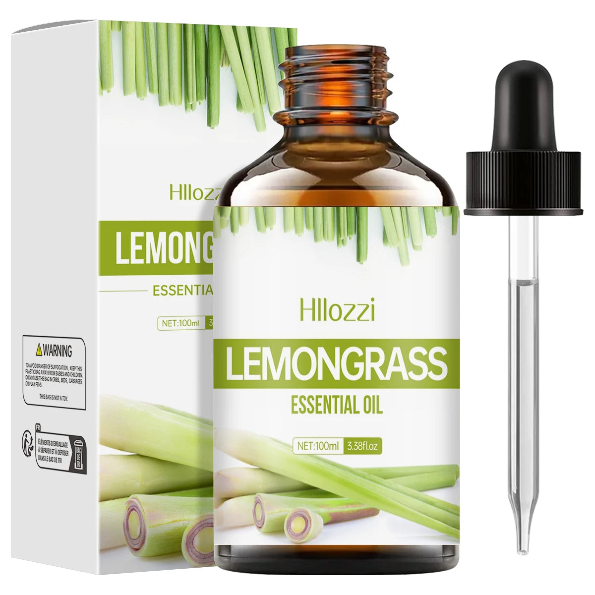 Hillozzi Lemongrass essential oil bottle with dropper and packaging on a white background