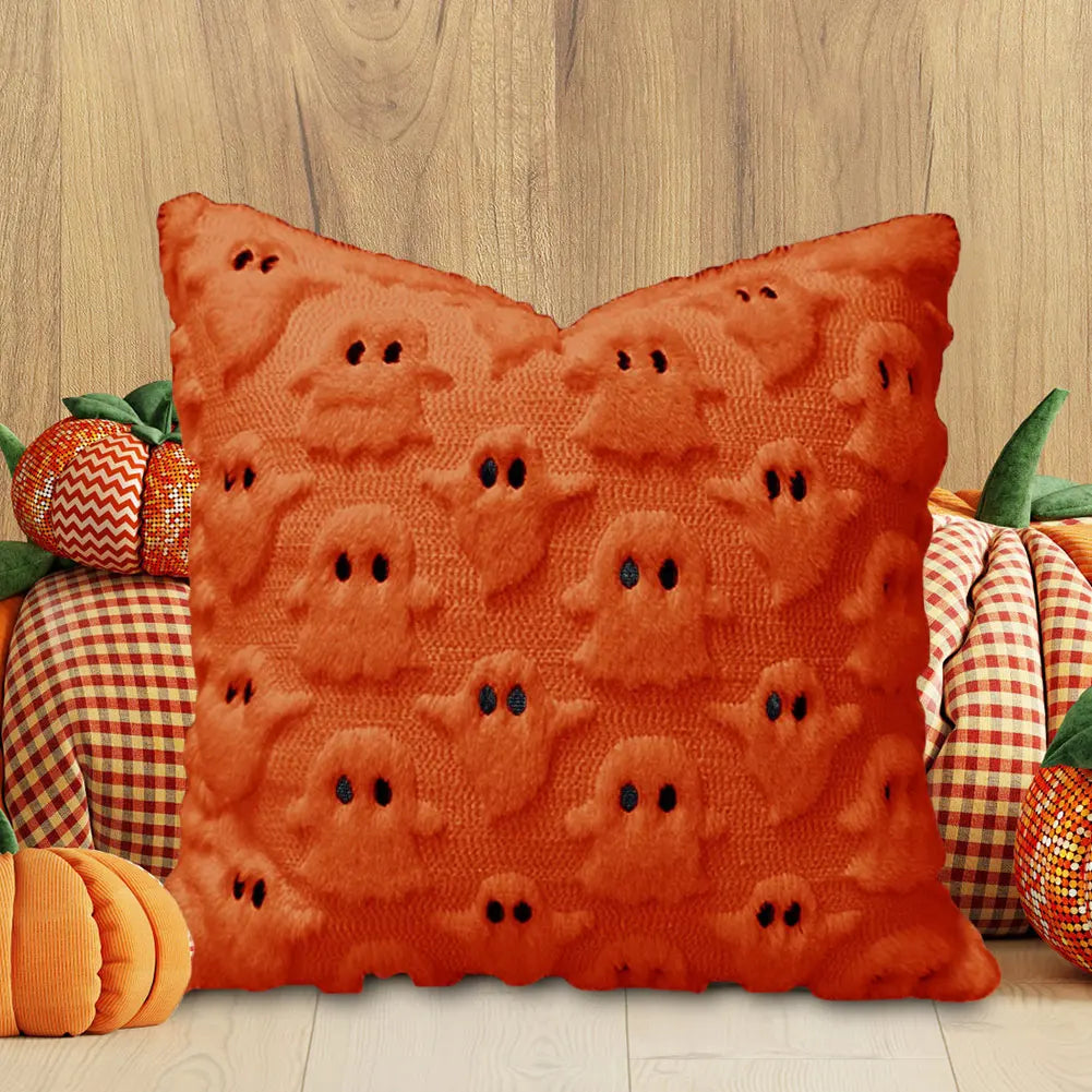 Halloween Ghost Pumpkin Pillowcase - Plush Faux Fur Pillow Cover