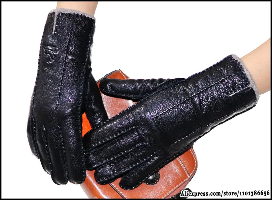 Guantes de piel auténtica de ciervo con textura - Unisex con forro de lana