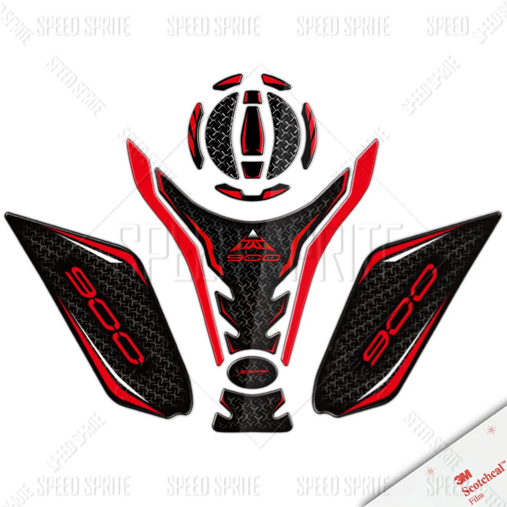 Motorcycle decals with red and black design on a white background