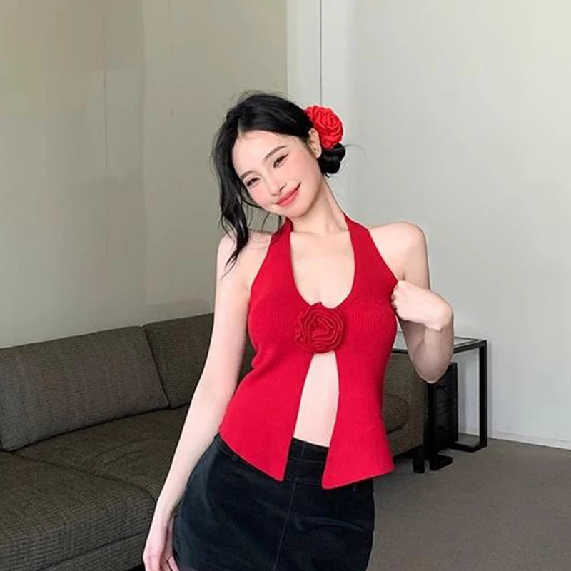 Summer Flower Knitted Camisole - Halter V-neck Tank Top