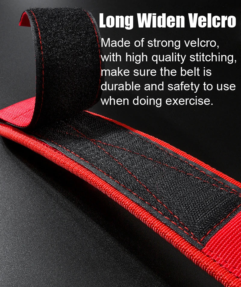 Close-up of a red and black belt with velcro, text on durability and safety.