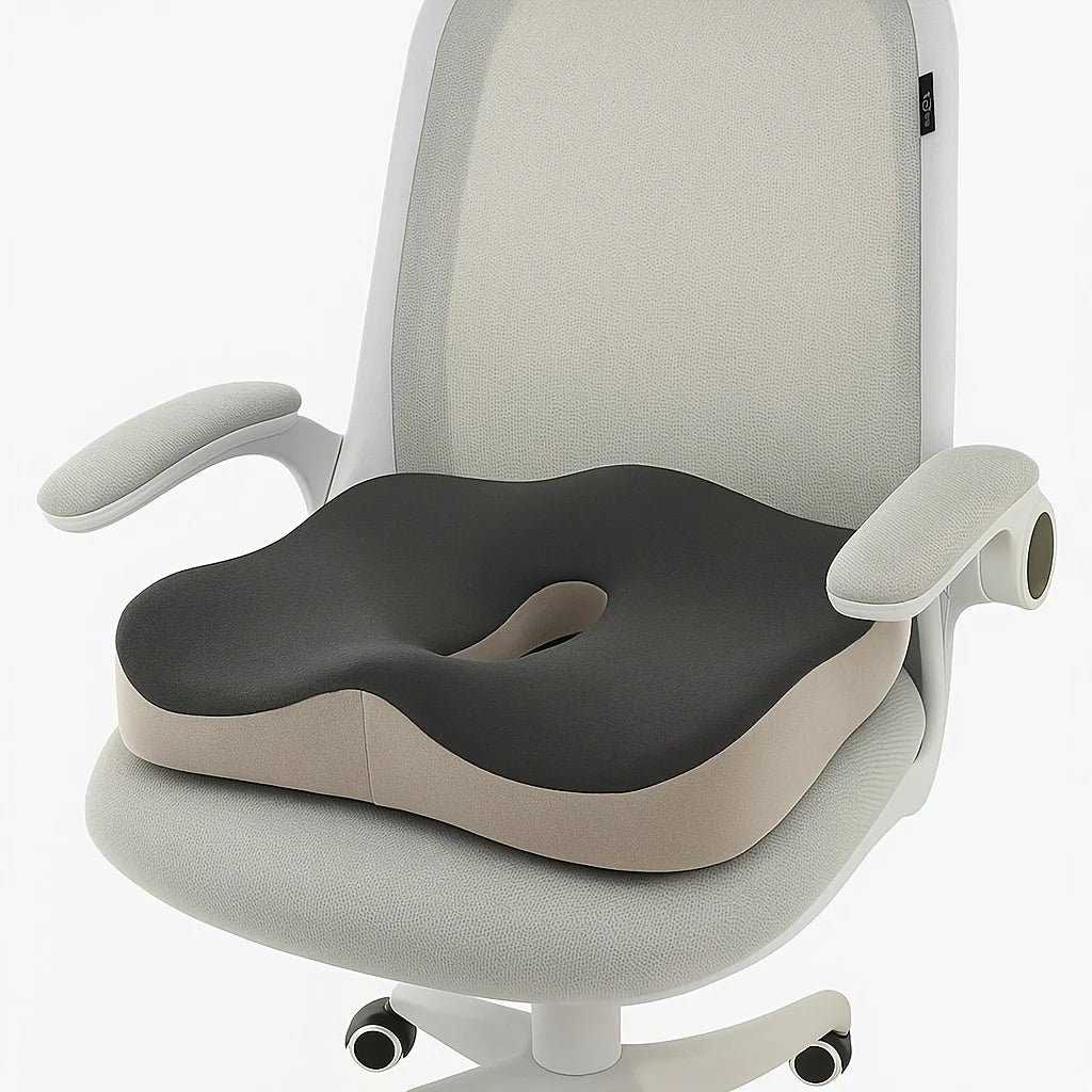 Gray office chair with a cushion on a white background
