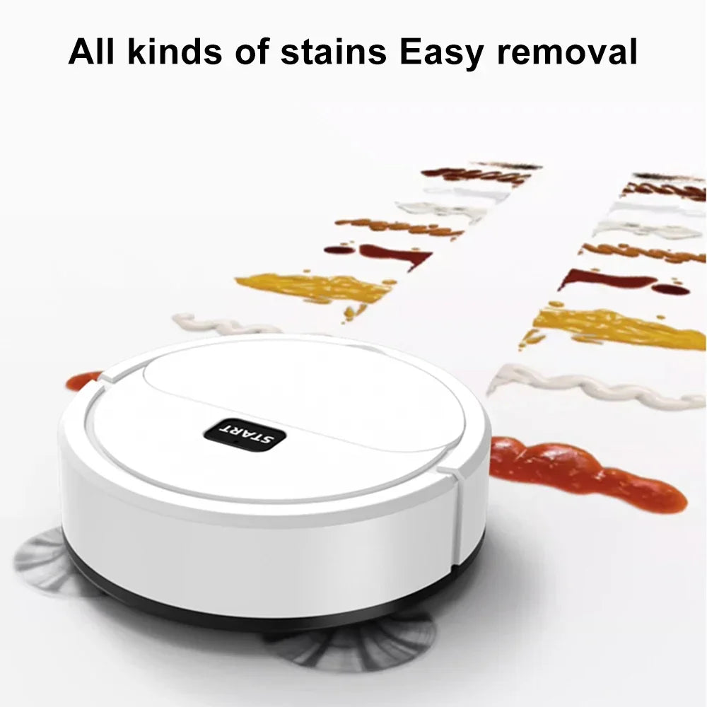 Robotic vacuum cleaner on a surface with food stains, emphasizing stain removal capabilities.