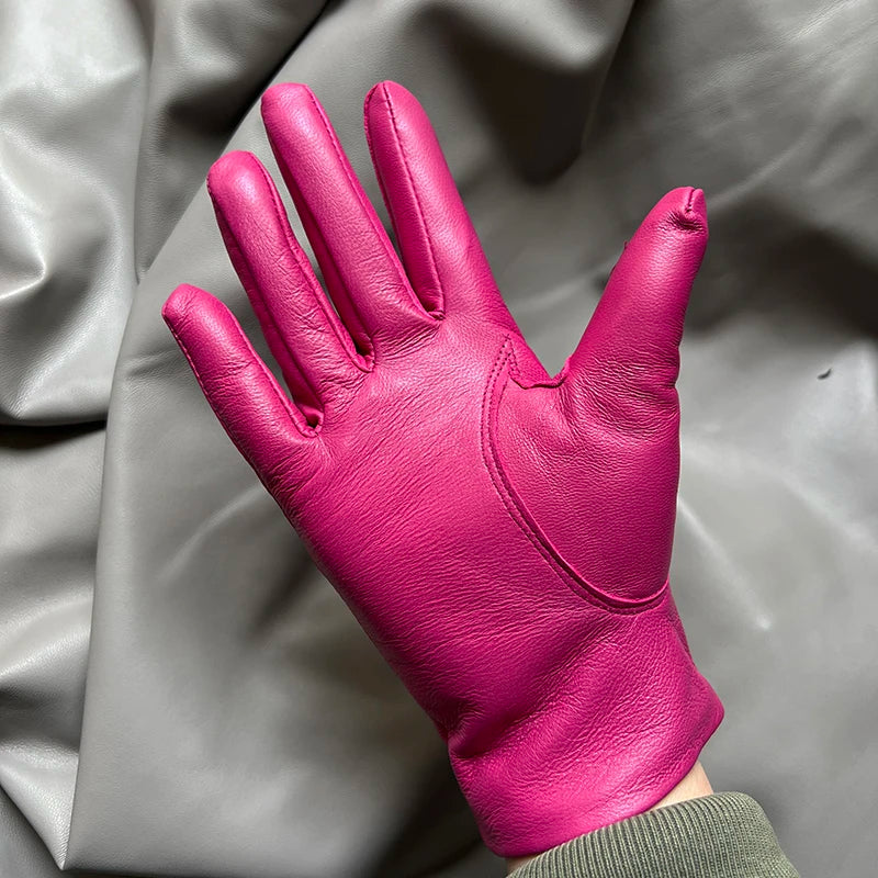 Guantes elegantes de piel de cordero con forro fino para mujer - Piel de oveja auténtica