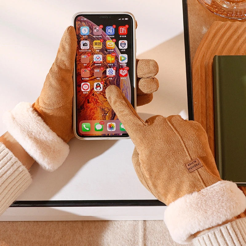 Guantes de invierno de ante para mujer con pantalla táctil - Forro de terciopelo cálido